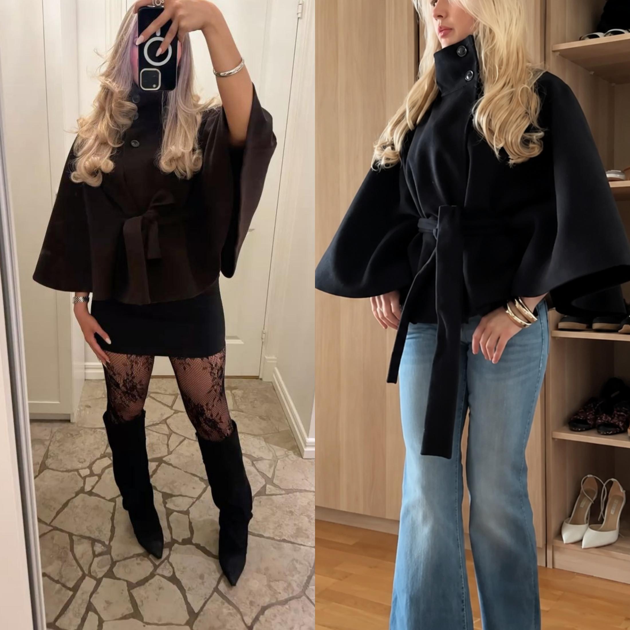 YeeZaa Poncho Pea Coat for Women Wool Blend Oversized Belted 2026 Fashion Fall Winter Elegant Stand Collar Cropped Cape Jacket Batwing Sleeve Trendy Casual  Outerwear Overcoat