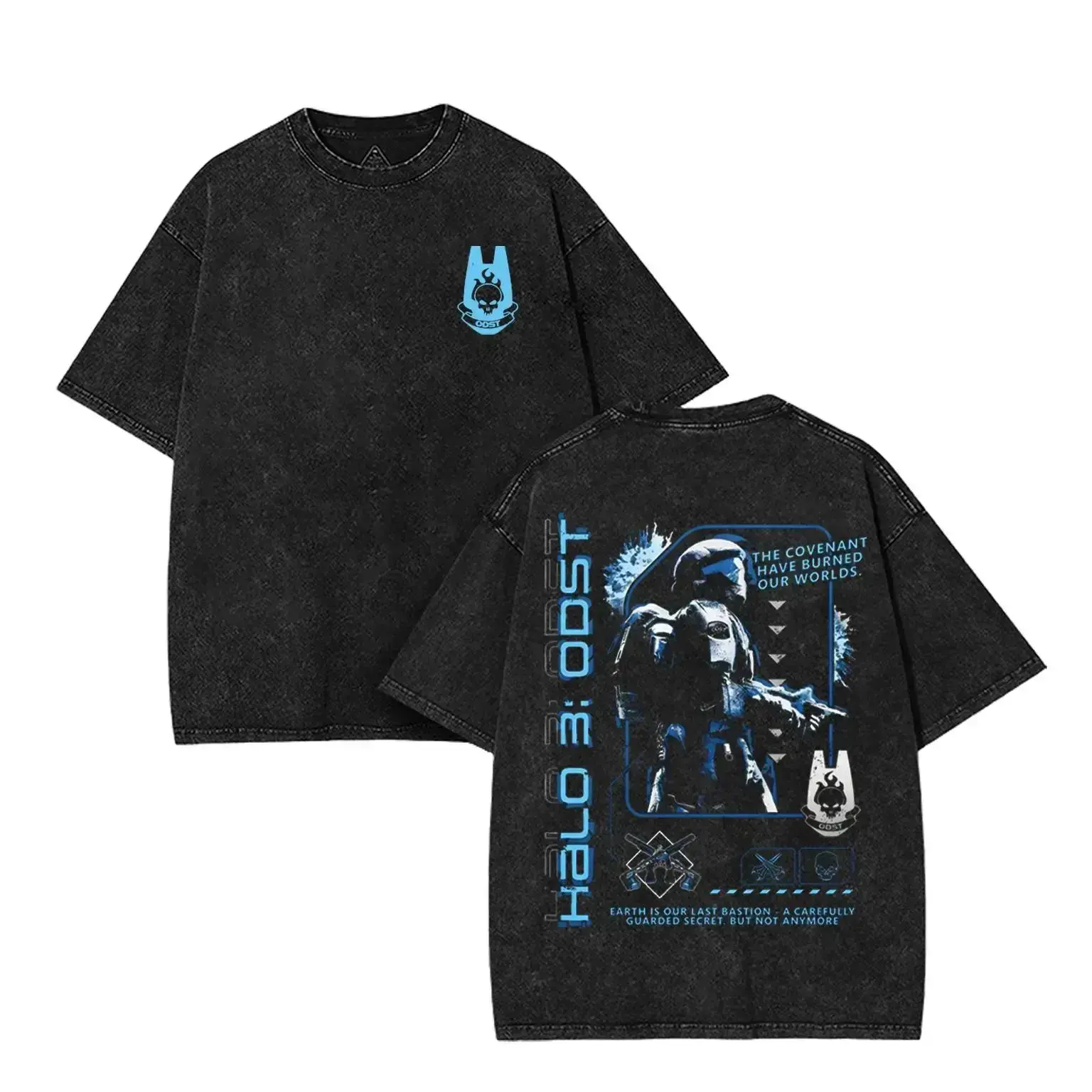 Men's Halo ODST "The Rookie" Round Neck Short Sleeve Graphic T-Shirt - Unisex Acid Washed Lightweight Cotton, Minimalist Double Printed, Hoodie/Tank Top Options, Gift For Game Fans, Streetwear, Shortsleeve