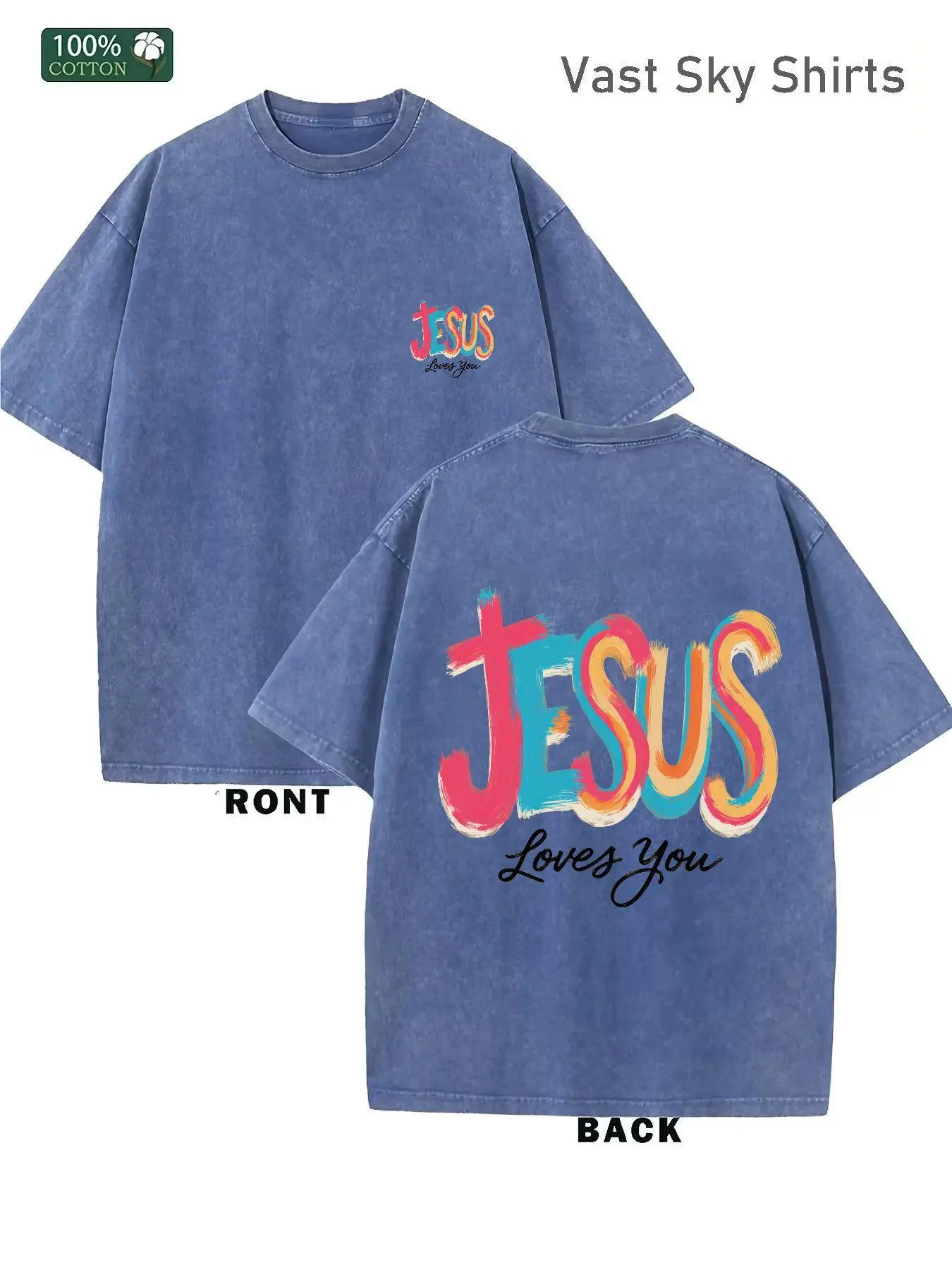 Washed T - Shirt, 1pc Y2K Retro Style, 230G Printed Spring Summer Crew Neck 100% Cotton Soft Daily Streetwear Faith Short - Sleeve T - Shirt with Colorful 'JESUS' on Front and Back fathersdaygift
