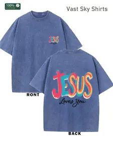 Washed T - Shirt, 1pc Y2K Retro Style, 230G Printed Spring Summer Crew Neck 100% Cotton Soft Daily Streetwear Faith Short - Sleeve T - Shirt with Colorful 'JESUS' on Front and Back