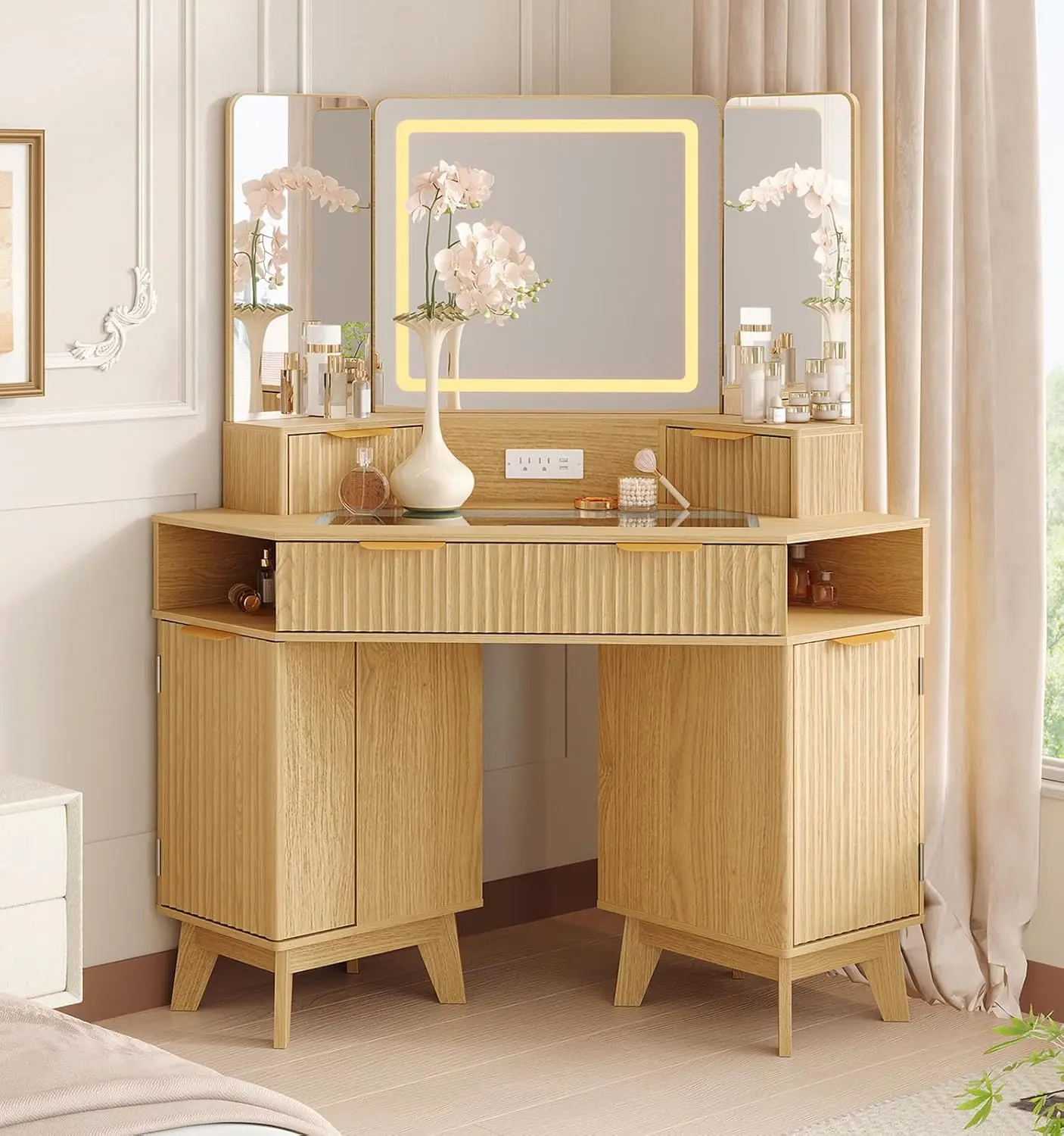 48 in Natural Oak Fluted Corner LED Vanity Table - Makeup Dressing Desk with Glass Top, 3-Way Mirror, LED Lights, 3 Drawers, 2 Cabinets & Shelf