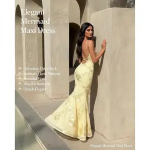 Women's 2026 Jacquard Mermaid Maxi Dress French Elegant Crisscross Open Back Slim Fit Bodycon Intricate Floral Patterns Dramatic Hem