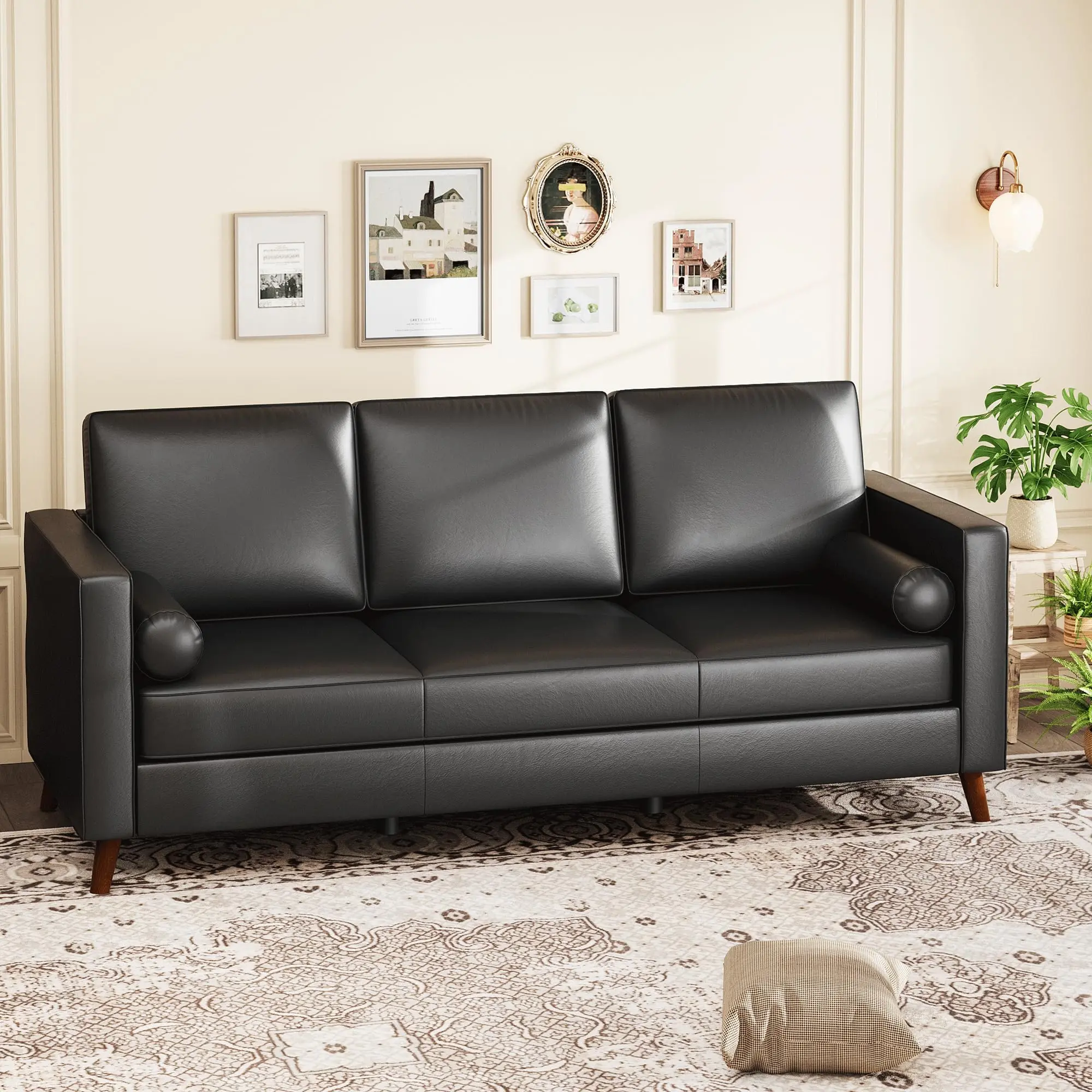 Garvee 81-86" Mid-Century Modern Faux Leather 3-Seater Sofa with Deep Seat Comfort, Upholstered Cushions, Removable Covers; Ideal for Living Room, Office, Apartment in Black or Dark Brown