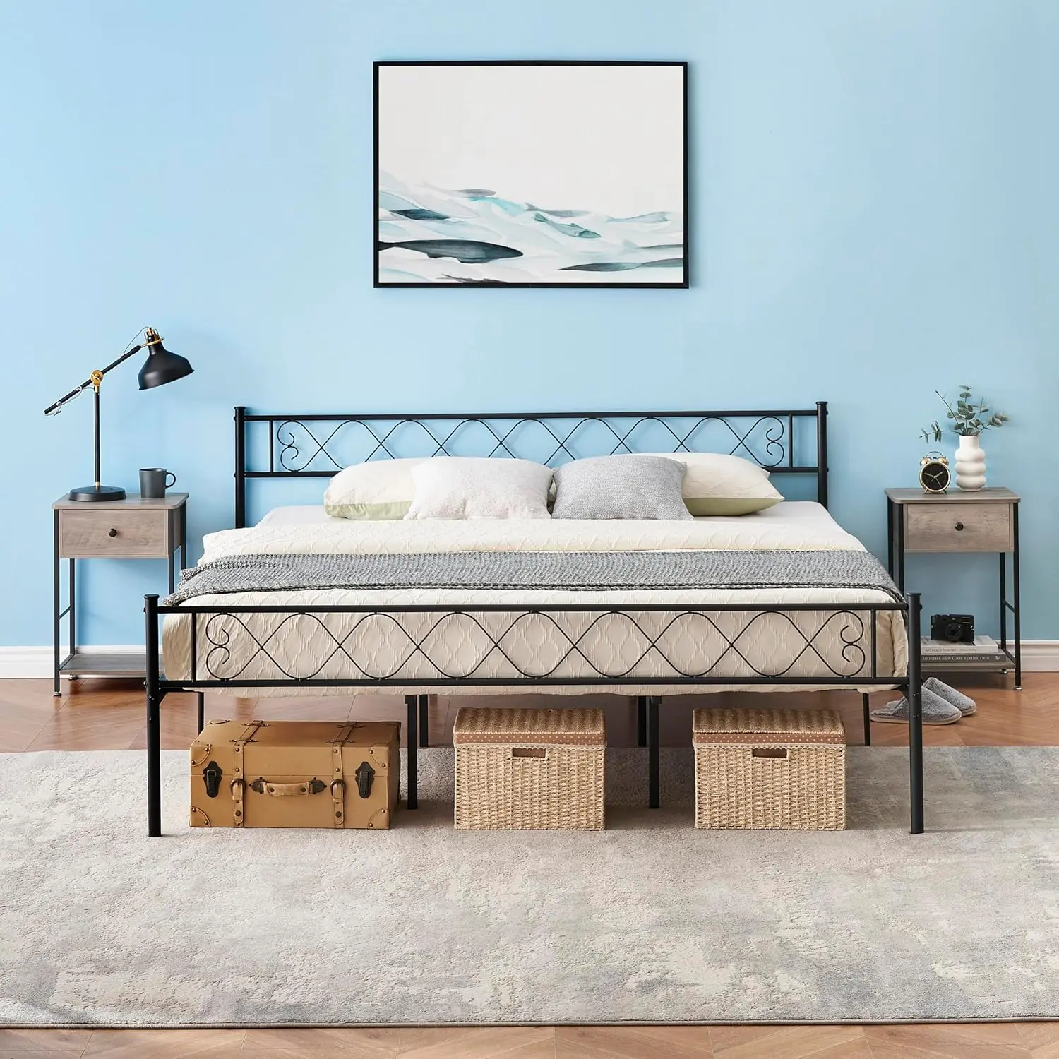 Modern California King Metal Platform Bed Frame with Iron-Art Sweetheart Design, Headboard, Footboard, Metal Slat Support, No Box Spring Needed, Easy Assembly, Black, Modern Platform Bed