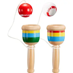 2-Piece Jacks Game with Paddle, String, Cup and Ball - Mini Wood Catch Ball for Hand-Eye Coordination