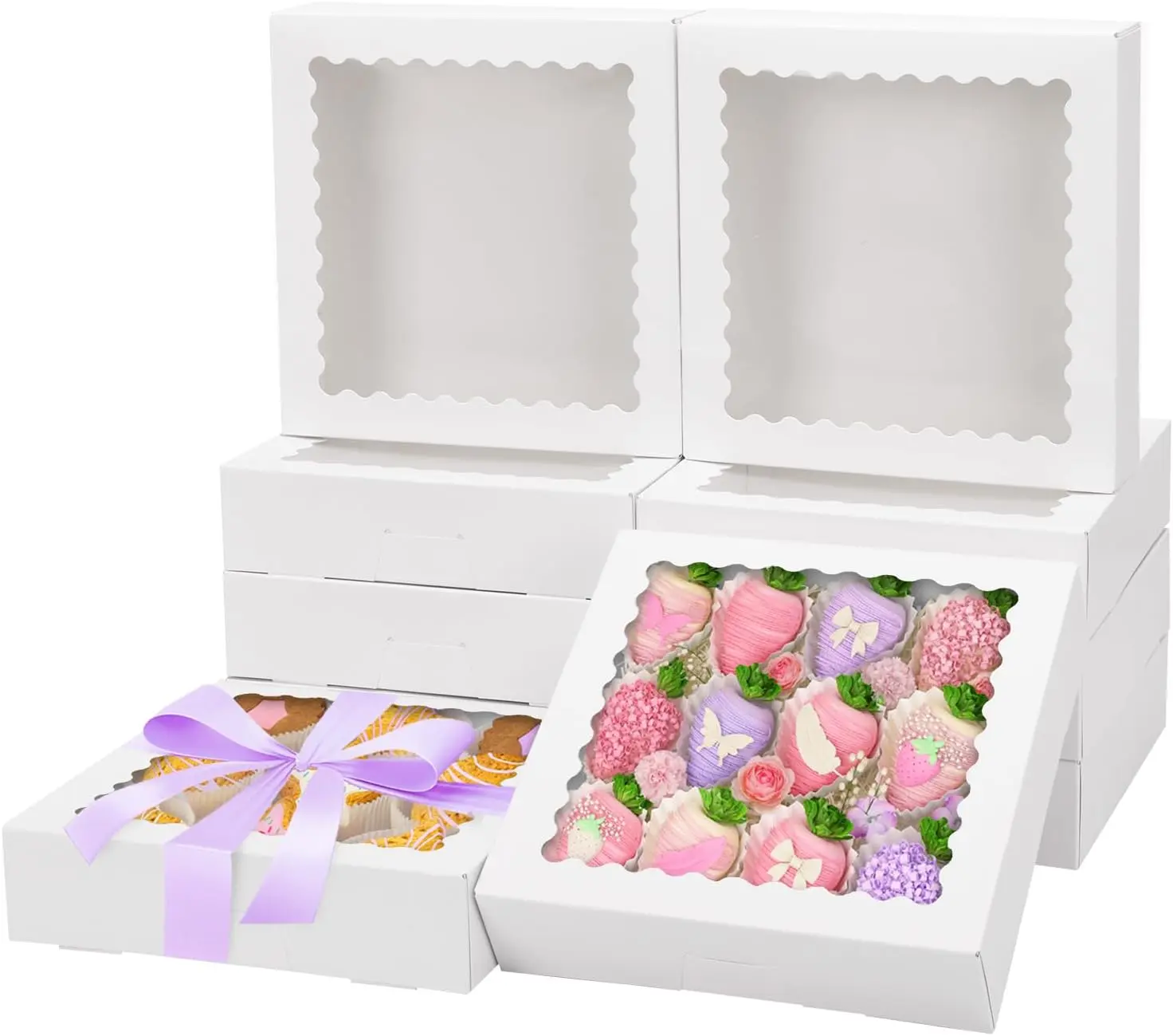25-Pack Bakery Boxes – 8x8x2 Inches Auto-Popup Cookie Boxes with Window, White Treat Containers for Chocolate Strawberries, Donuts, Desserts, Pastries, and Gifts – Sturdy Paper Boxes with Clear Window for Bakery, Parties, and Gifting