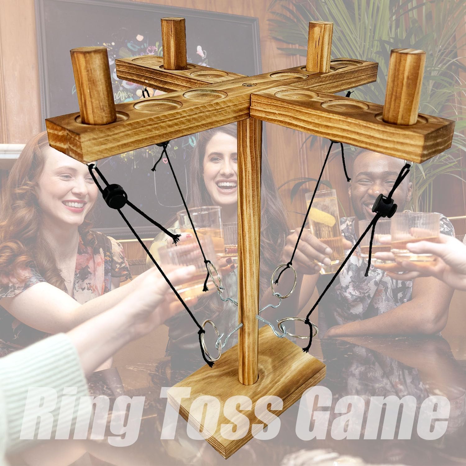 【Christmas gift】Wooden Ring Toss Game - 1PC Outdoor Party Throw Game with Wooden Hook & Rhythm Bracelet - Fun 2-4 Player PK Game for Family Reunions & Camping.