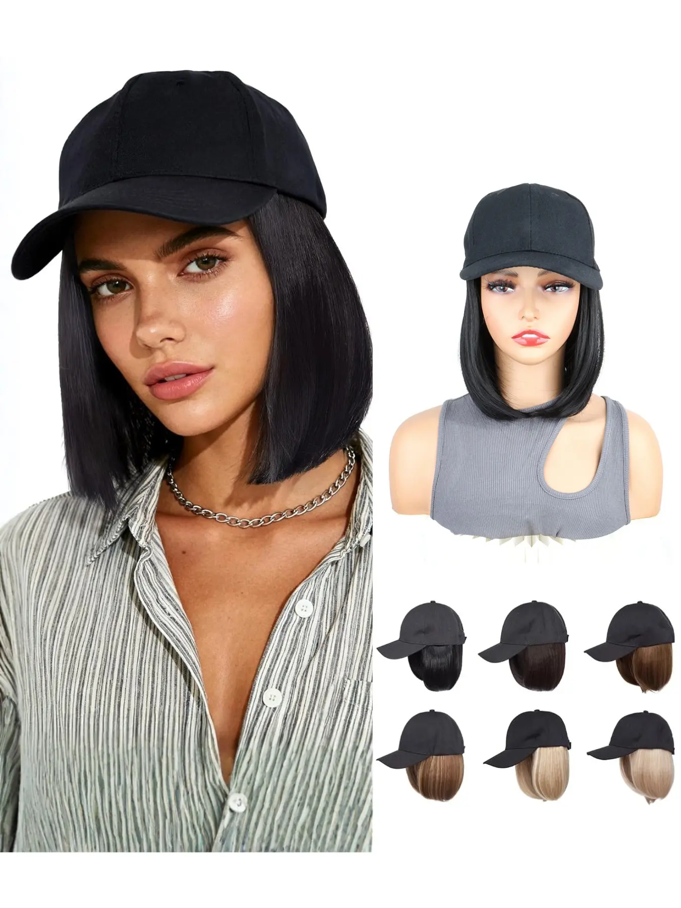 Short Women Synthetic Hair Wig, Baseball Cap Hair Extension, Easy to Style and Maintain, Multi-Style Design, Comfortable Hat, Straight Bob Wig, Synthetic Fiber Wigs, Synthetic Material Wigs, Convenient Wigs