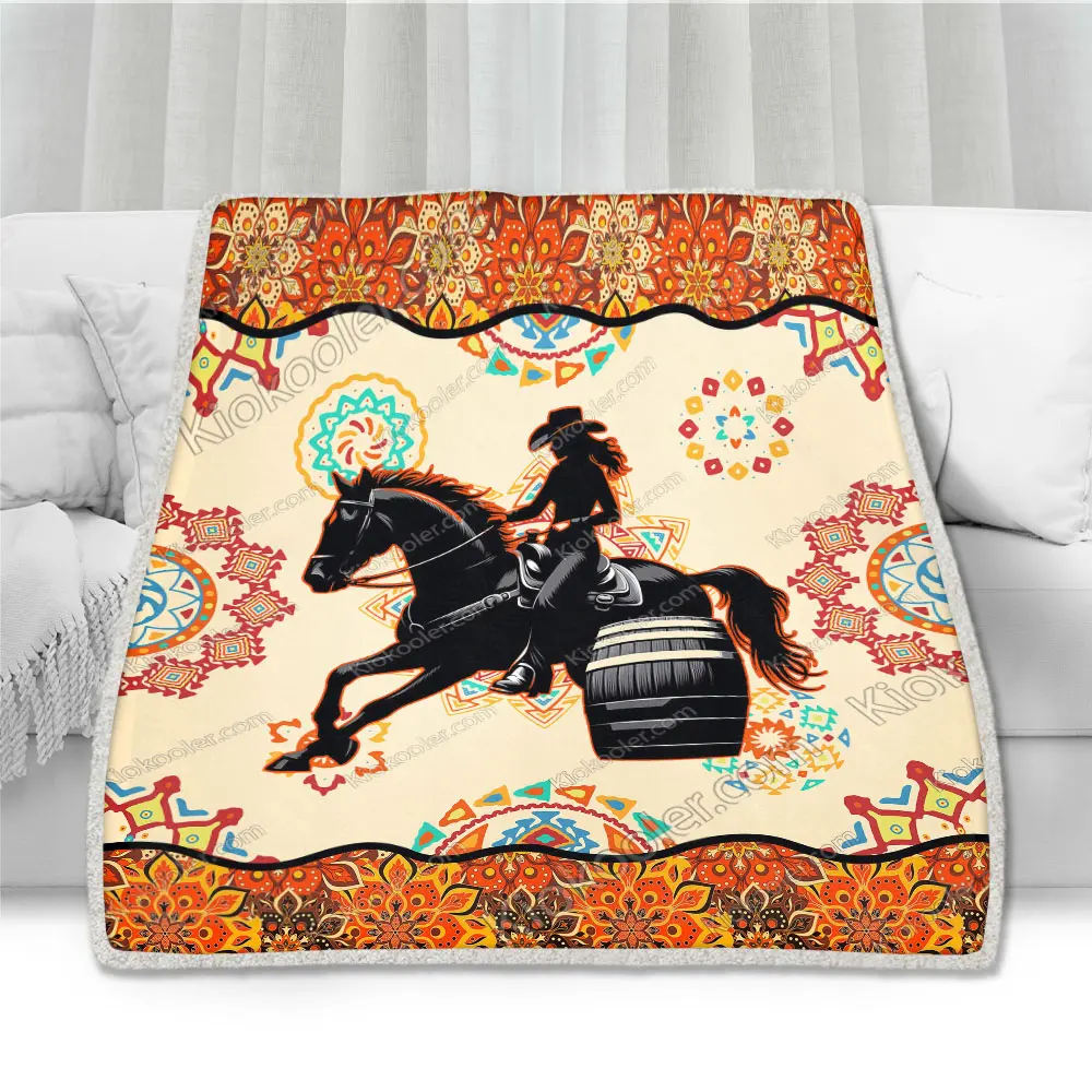Barrel Racing Personalized Blanket Horse Decor, Barrel Racing Lovers Gift, Horse Blanket, Mandala Orange Decor Sofa Throw Blanket Comfort Warmth Soft Blanket Fleece Blanket, Sherpa Blanket