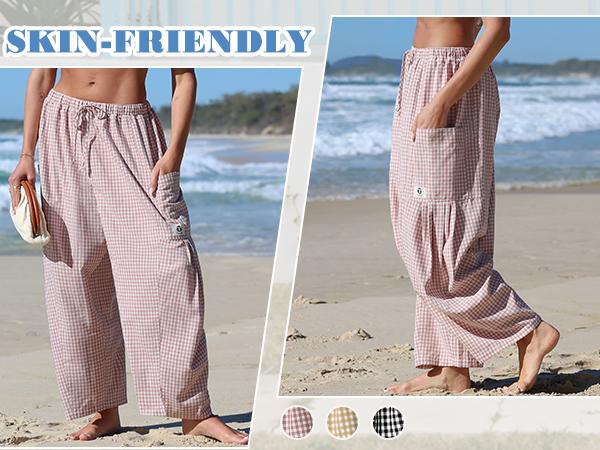 【SS26 Collection】TARSE Womens Wide Leg Gingham Striped Plaid Pants Casual Barrel Loose Drawstring Low Waist Palazzo Harem Pants with Pockets 【SS26 Collection】TARSE Womens Wide Leg Gingham Striped Plaid Pants Casual Barrel Loose Drawstring Low Waist Palazzo Harem Pants with Pockets