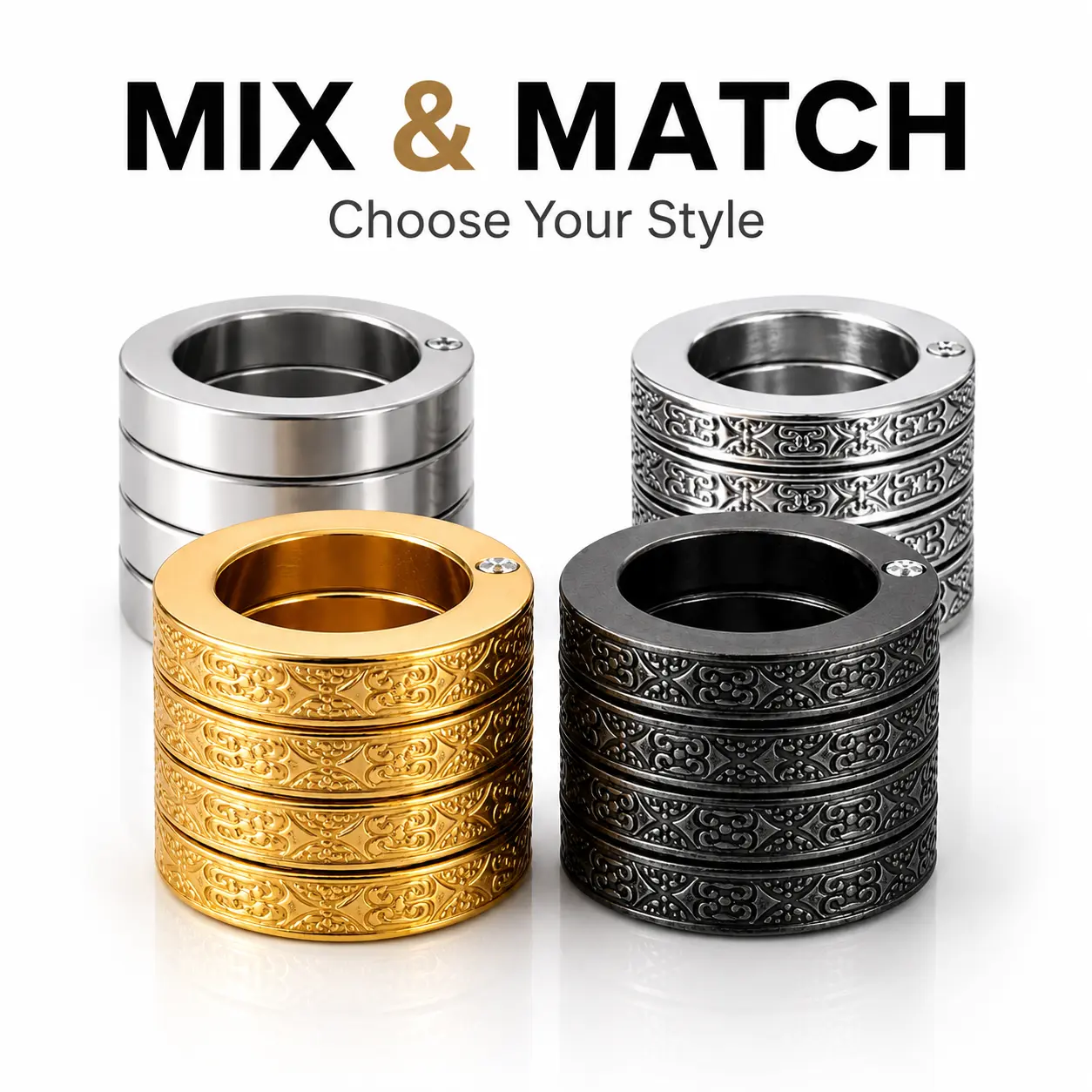 4-Color Stackable Fidget Ring Set, Foldable 4 Finger Thumb Ring Bundle, Textured & Smooth Stainless Steel Band Rings, Gothic Unisex Jewelry Gift