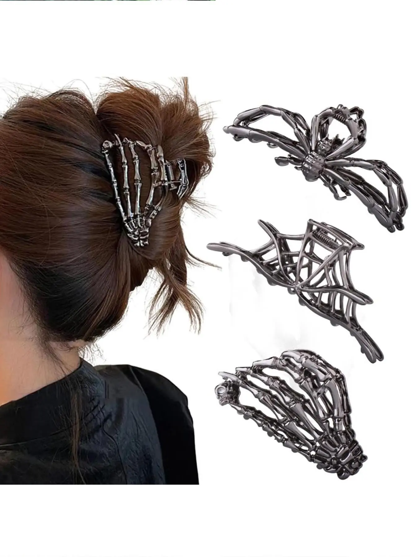 3pcs Spider Web Skeleton Hand Skull Pattern Hair Claw Clips Set, Hiphop Metal Large Medium Size, for Thick Thin Hair, Headband Barrette, Hair Barrettes, Party Gift, Hair Accessory, Fun Claw Clips, Hair Decor