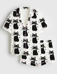 Women’s Halloween Black Cat With Knife Short Sleeve Satin Pajama Set