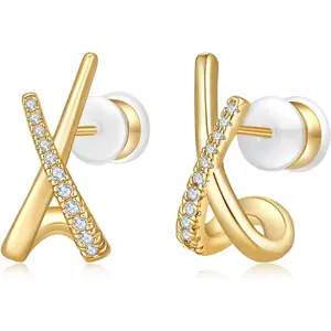 MINDDHA 14K Gold Plated Elegant Criss Cross Stud Earrings for Women – Sterling Silver Post - Modern Twist Knot Design with Cubic Zirconia, Hypoallergenic, Lightweight Everyday Earrings Gift for Her 15x7mm