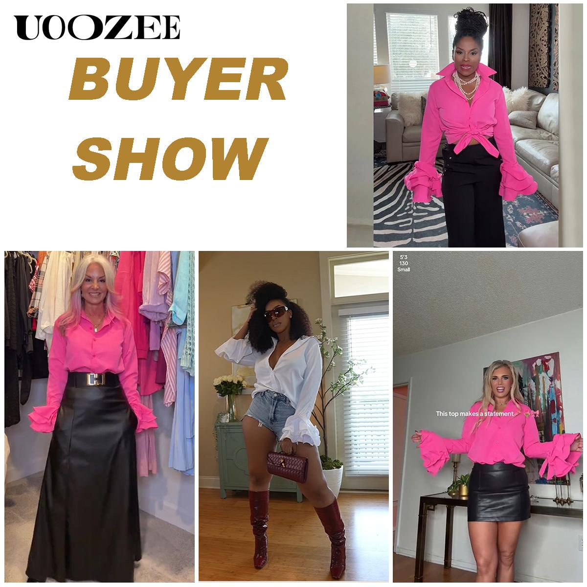 Flared Sleeves Bow-Embellished Falbala Solid Color Lapel Blouses&Shirts Tops Womenswear Casual Elegant Basic Outfit