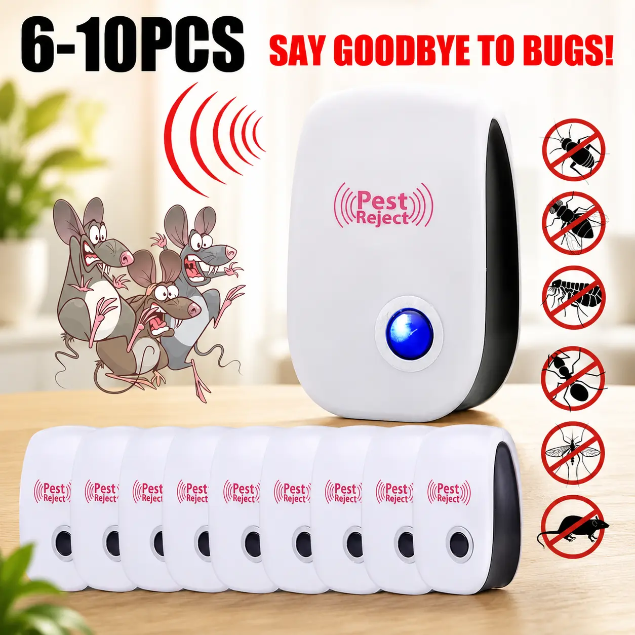6-10X Ultrasonic Pest Repeller, Electronic Home Pest Control Device for Rats and Mice