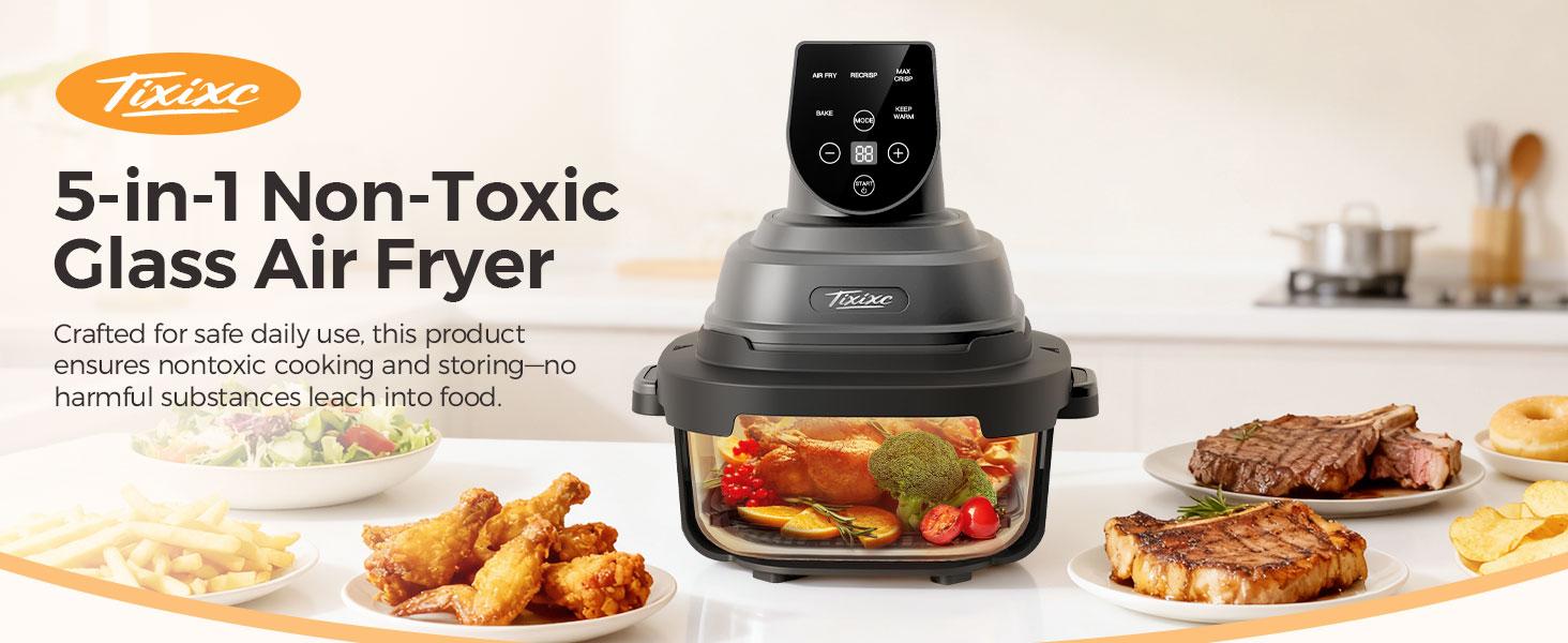 1500W 5-in-1 Glass Air Fryer Non-Toxic - 4Qt Pot+6Cup Container with Lid & Dust Cover, Portable Smart Kitchen Appliance Silicone Pad Included
