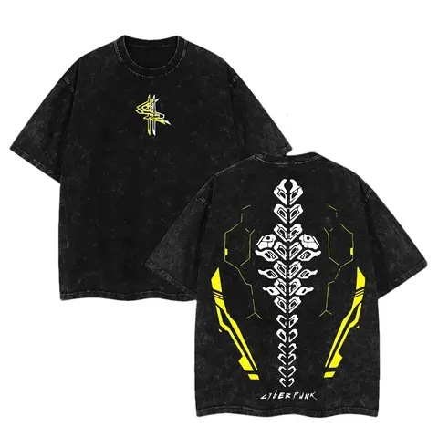 Men's/Women's Unisex Oversize Cyberpunk 2077 Anime Double-Printed Vintage Washed Casual Heavyweight Soft Cotton Short-Sleeve Menswear T-Shirt, Stylish Tee Gift for Anime Fans