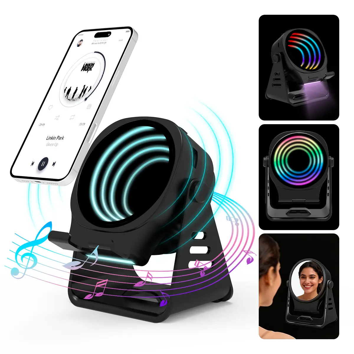 Sleek Black 5-in-1 Rechargeable Wireless Speaker - Portable Bluetooth Audio Device with Surround Sound, RGB Lighting, 360° Adjustable Holder for Phones/Tablets, Mirror & Stand, Ideal Gift for Users, Tablet