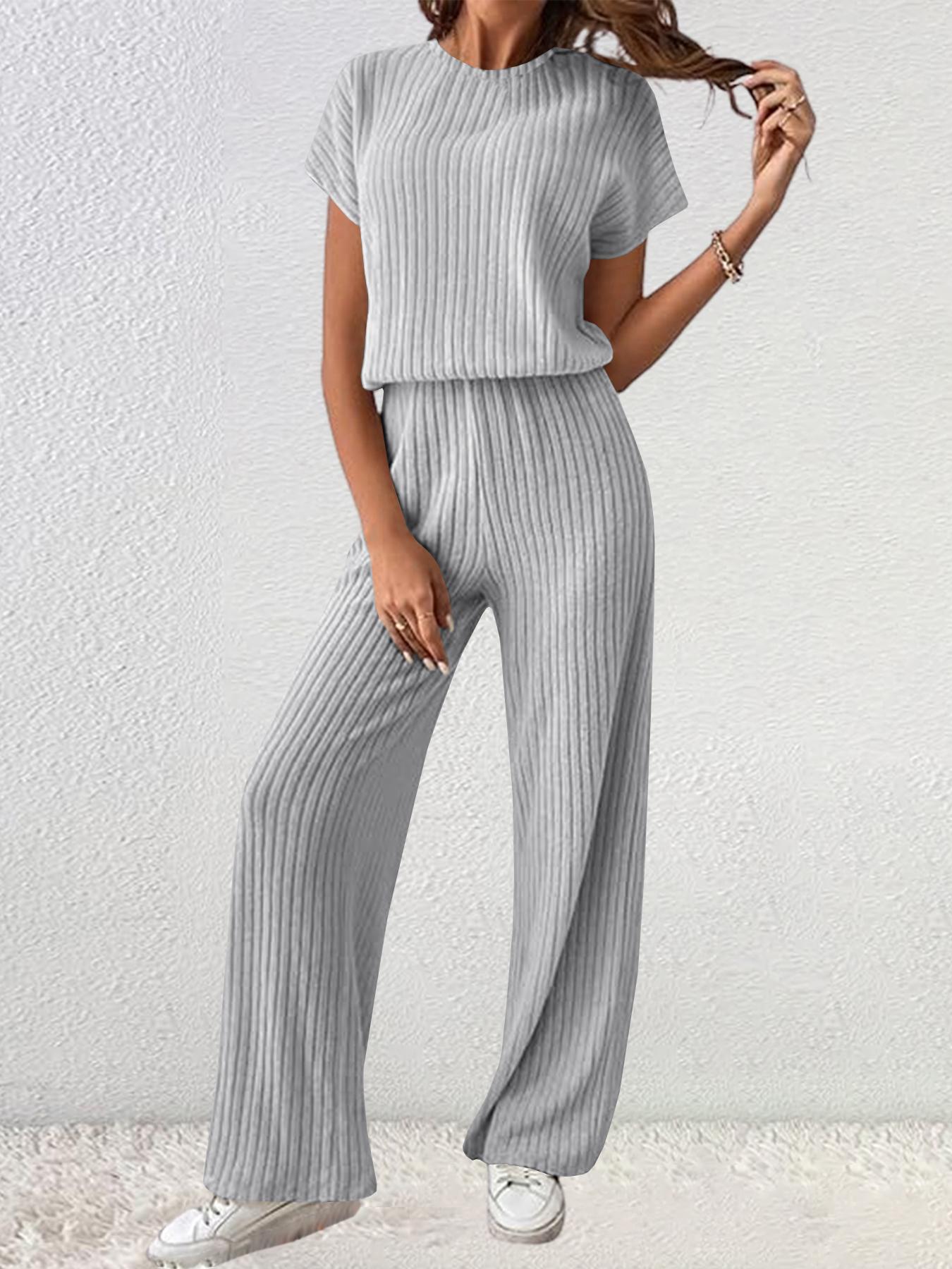 Women's Solid Shortsleeve Crewneck Ribbed Top & Wide Leg Pants Minimalist Casual Fitted Fashion Cozy Top & Trousers for Daily Outdoor Wear Ladies Clothes for Summer Womenswear Yoga Clothes Set Black Batwing Suits Suits