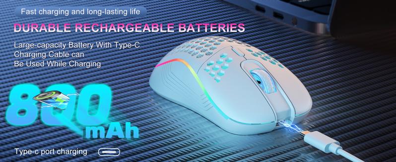2.4G Wireless Mouse with RGB Backlit 6-Button 3-Speed DPI Type C Rechargeable Ergonomic Honeycomb Design Gaming Mouse