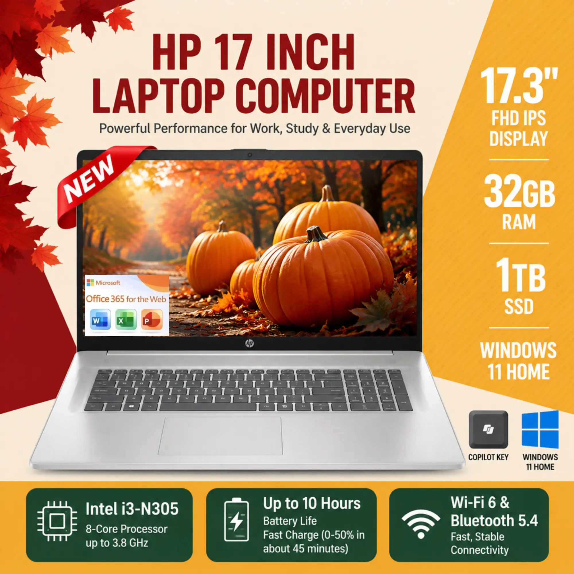 HP 17.3" Full HD IPS Panel Laptop, 8-Core Intel i3-N305 Computer, Up to 32GB RAM, 1TB SSD, Windows 11 Home, Fast Charge, WiFi 6, Bluetooth 5.4, HD Webcam, for Students & Business
