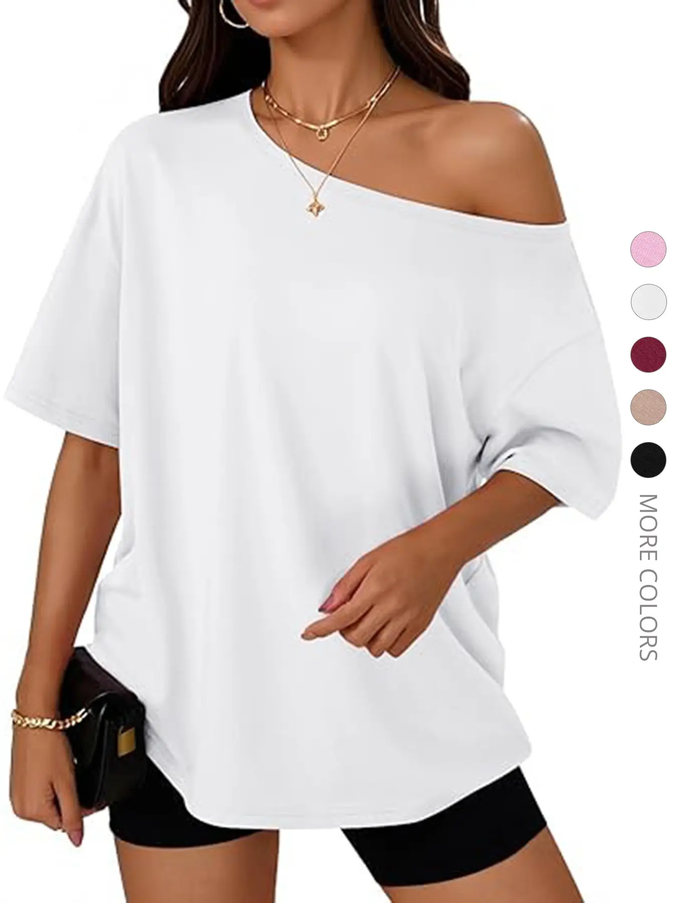 Women's Asymmetrical Neckline Tops, Oversized Baggy T-Shirts, Casual Short Sleeve Tees, Summer 2026 Loungewear, Basic