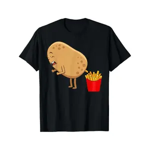Funny Potato & French Fries Graphic T-Shirt - Unisex Adult Casual Tee with Smiling Potato & Fries Print, Round Neck Short Sleeve Shirt for Men & Women, All-Season Comfort, Funny Foodie Gift for Parties, Casual Attire & Themed Events ( with Brown Pot
