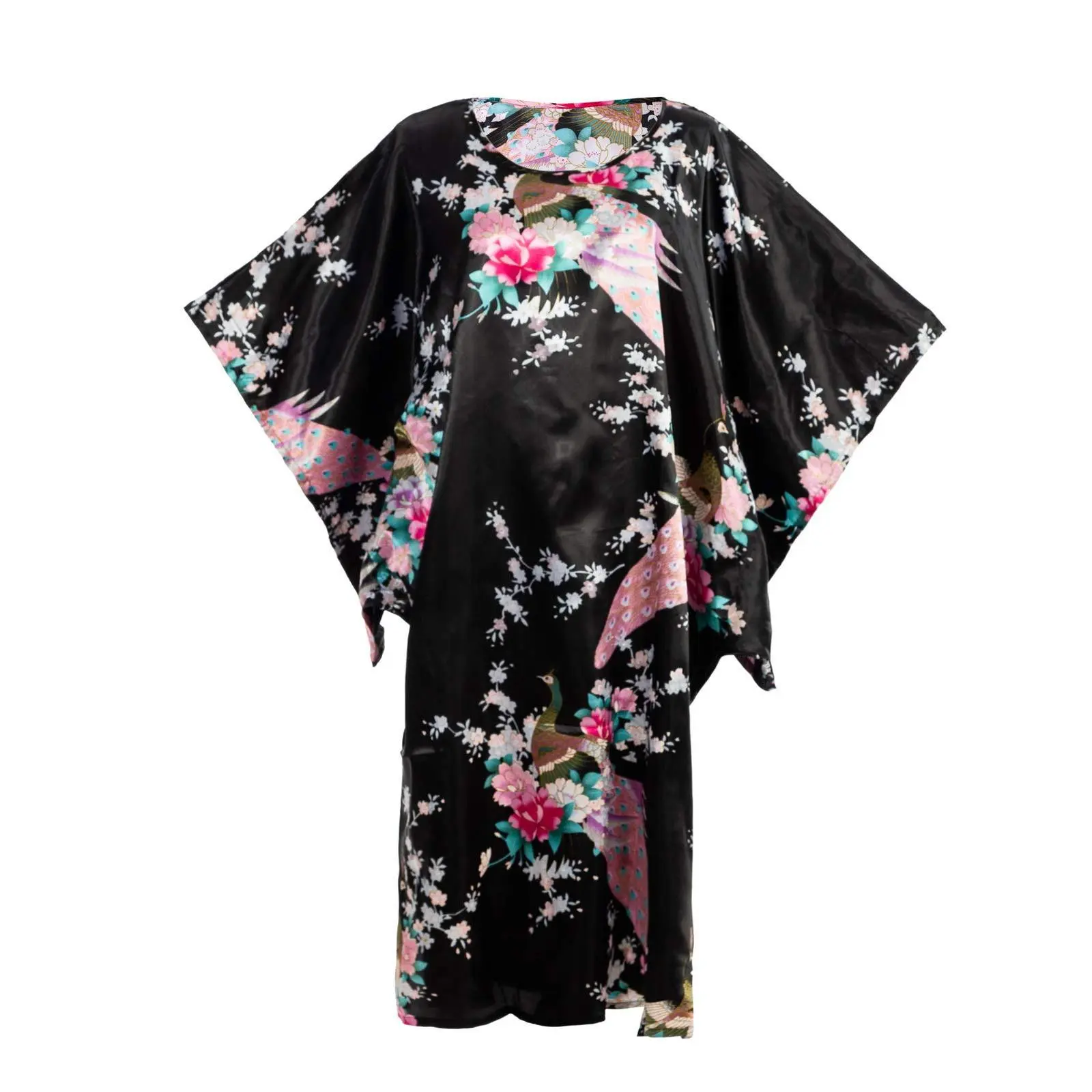 Women's Traditional Japanese Satin Kimono Robe - Loose Polyester Pajama, Silky Fabric, Peacock Floral Print, Long Sleeve, Fits Everyday Vibe, Ideal for Bridal Parties & Dinner, Perfect Birthday Gift
