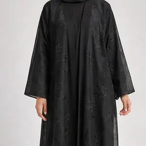 Husna Abaya - Elegant Black Abaya with Intricate Floral Embroidery and Soft Sheer Fabric for Stylish Wear