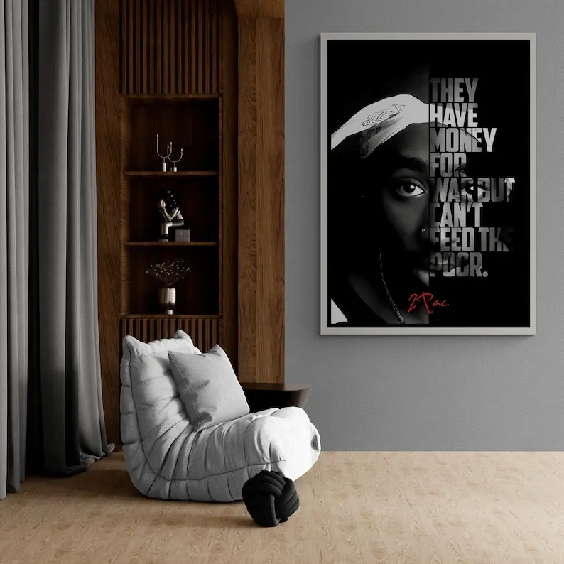 2Pac Tupac Inspired Hip Hop Wall Art Poster With Powerful Social Message Quote, Black and White Urban Street Culture Home Deco