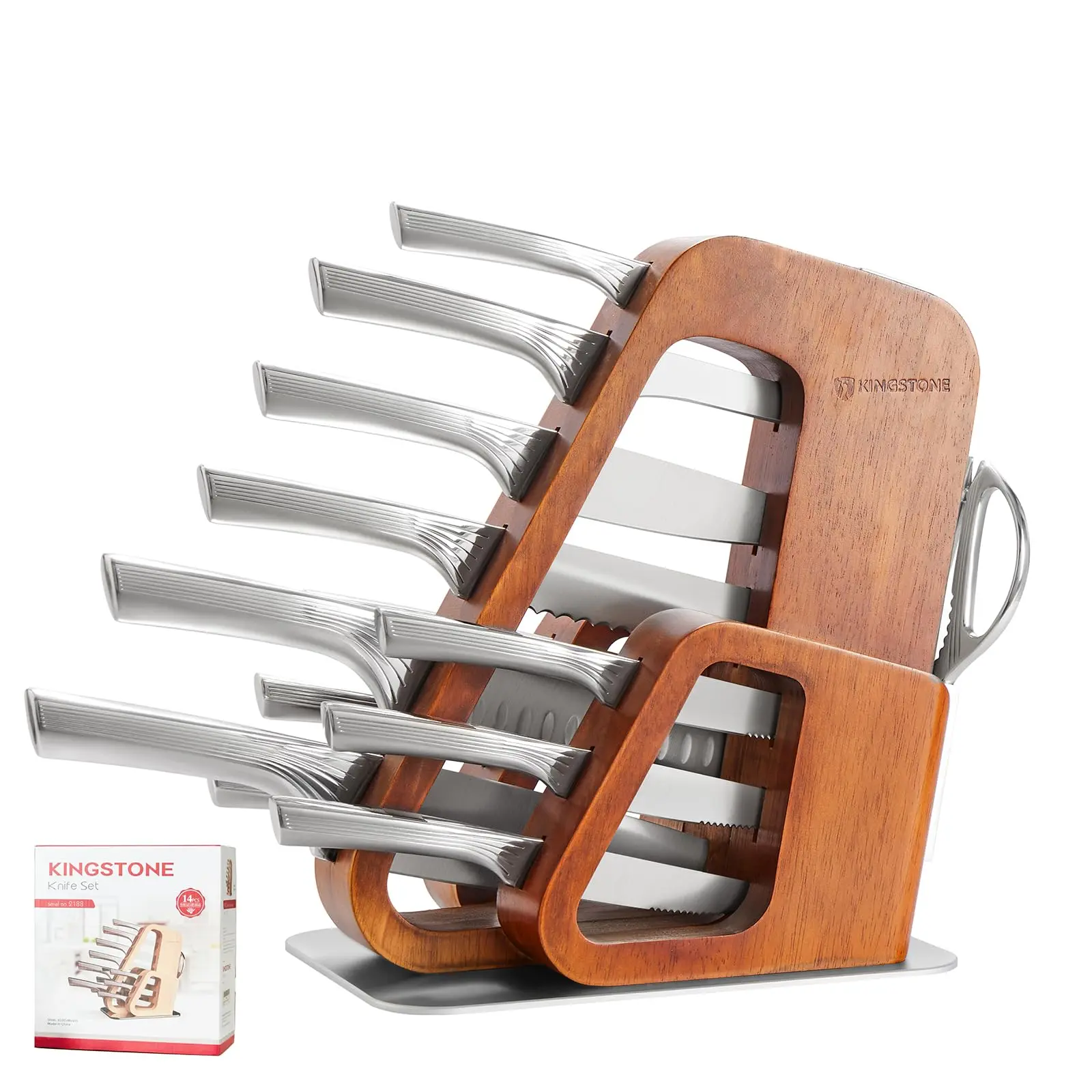 KINGSTONE 14-Piece German Steel Kitchen Knife Block Set - Ergonomic German Stainless Steel Knives, Natural Wood Storage Block, Built-in Sharpener, Dishwasher-Safe, Ultra-Sharpened for Amateur Culinary Enthusiasts (Model 2188) - Ideal for Birthday Gifting