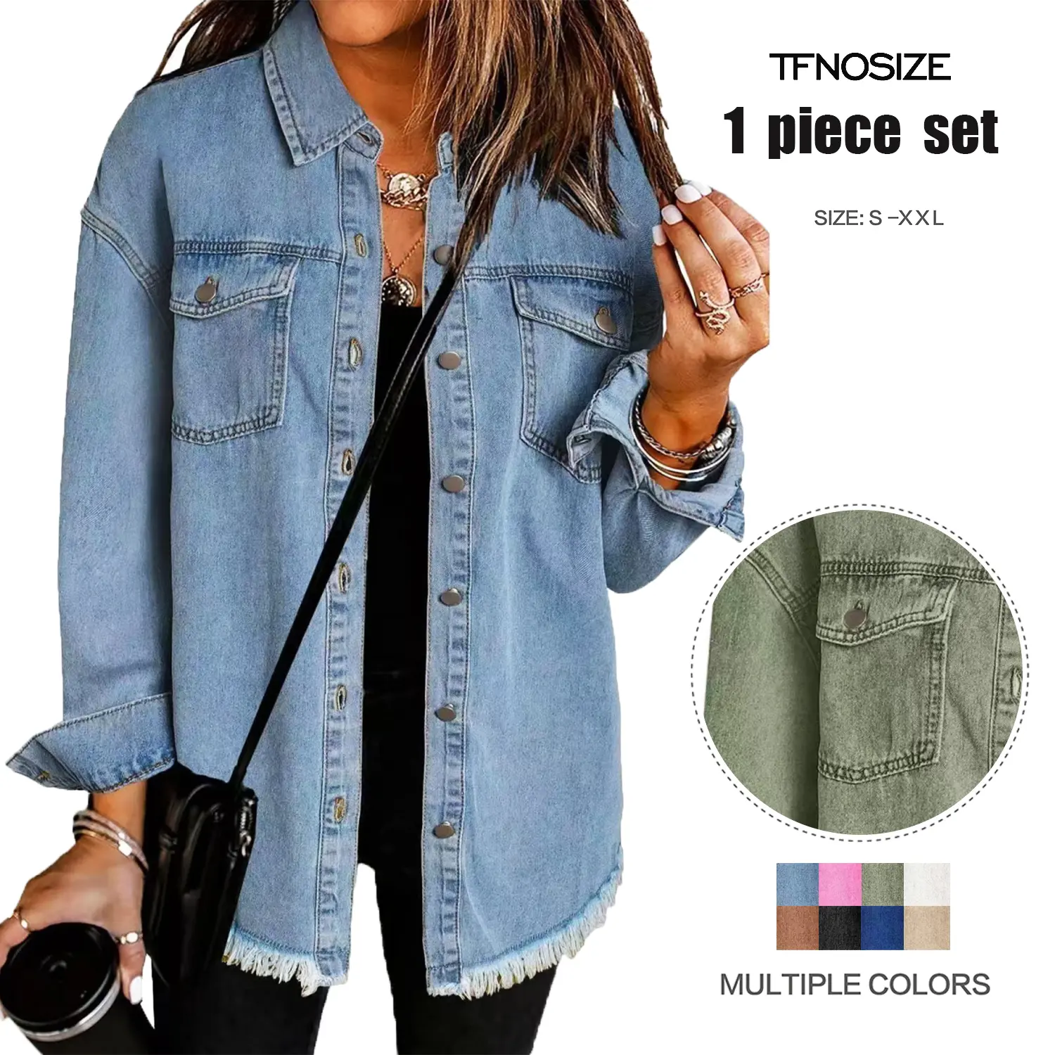 Women's Oversized Casual Denim Jacket - Lightweight Plain Ripped Coat with Pockets, Button Front, Fringe & Knitting for Chic Holiday, Halloween Outfits