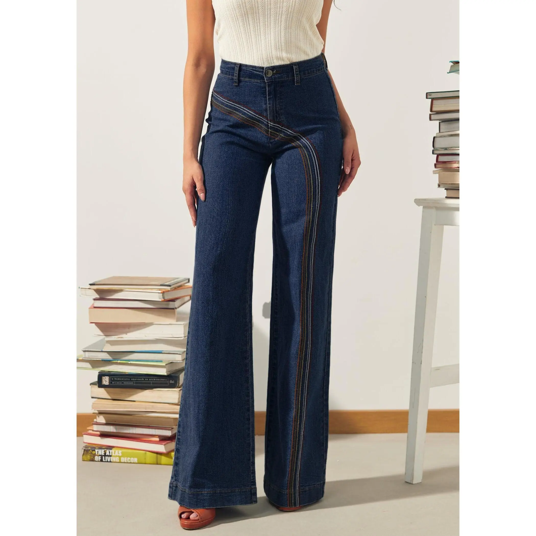 ModCloth Rainbow With Me Wide Leg Flare Jeans 34" Inseam High Rise Waist Embroidery - Dark Wash (0-26W) Cute Embroidered Stretch Denim Vintage Style