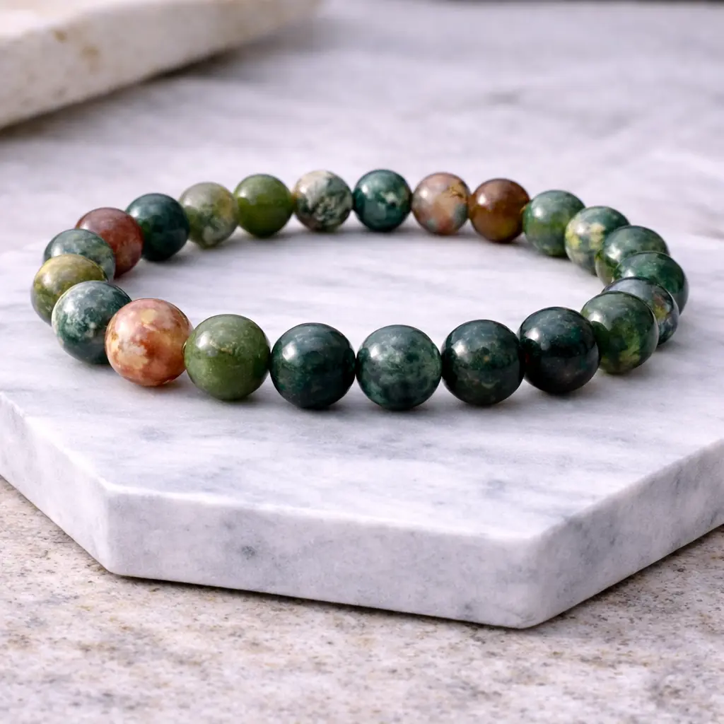 Indian Agate Bracelet 8mm Natural Crystal Beads for Grounding, Protection & Stability Handmade Healing Energy Jewelry