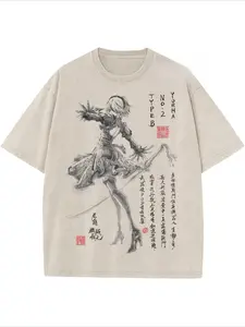 Men's street brand with an urban style, T-shirts decorated with anime characters and Chinese calligraphy. Perfect for casual everyday wear, this vintage heavy T-shirt is printed on both the front and back. is a perfect gift that provides a loose fit.