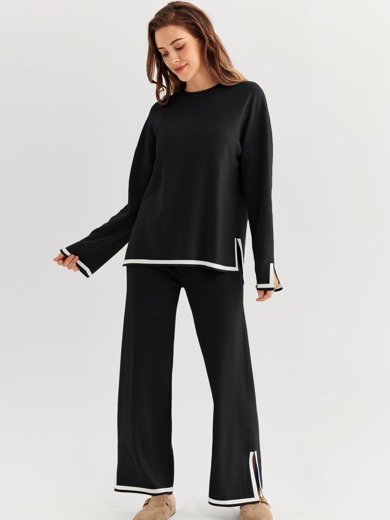 Women's 2 Piece Fall Knit Sweater Set Long Sleeve Tops Wide Leg Pants Sweatsuit Tracksuit Outfit Winter Clothing