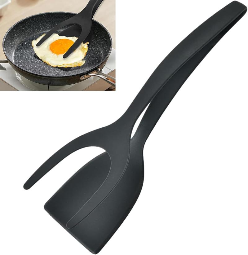 BRODARK 2-in-1 Silicone Shovel & Tweezers Tongs - Black Egg Flipper Pancake Steak Turner Omelet Maker Spatula Fish French Toast Tongs for Home Kitchen Cooking Tools Utensils