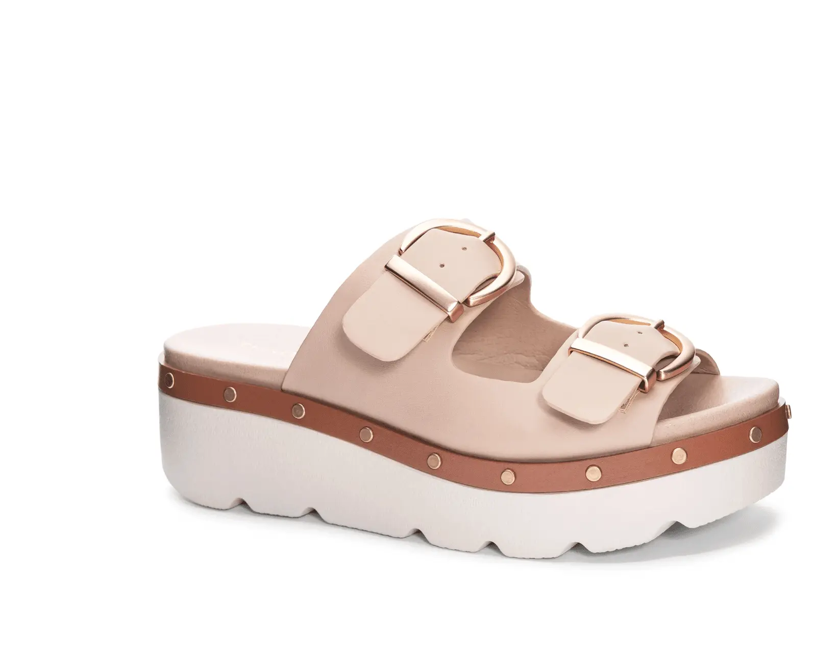 Women's Soft Blush Platform Sandals with a Cushioned Chunky White Sole, Faux Leather Upper, Gold Studs, and Oversized Buckles, Fashionable Platform Sandals