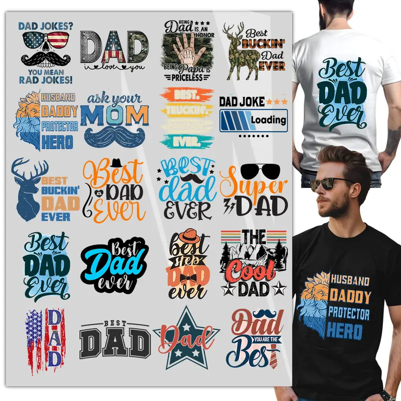 20pcs DTF Father’s Day Heat Transfer Bundle Heat Press Ready– Father’s Day Designs for DIY Apparel Iron On for Shirts, Bags & Pillows