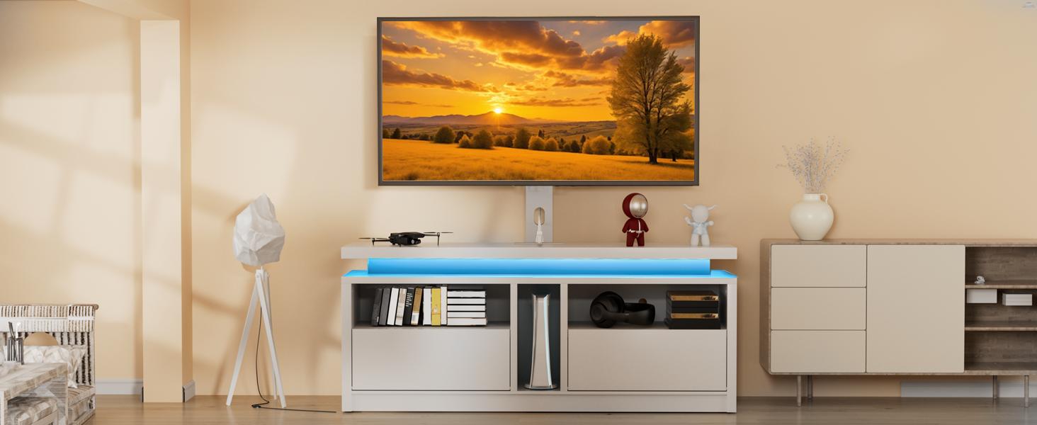 HOOBRO TV Stand with Mount, Swivel TV Stand Mount for 75 inch TV, Entertainment Center with Power Outlet, Height Adjustable TV Console with Flip Down Drawer for Living Room, Bedroom, White