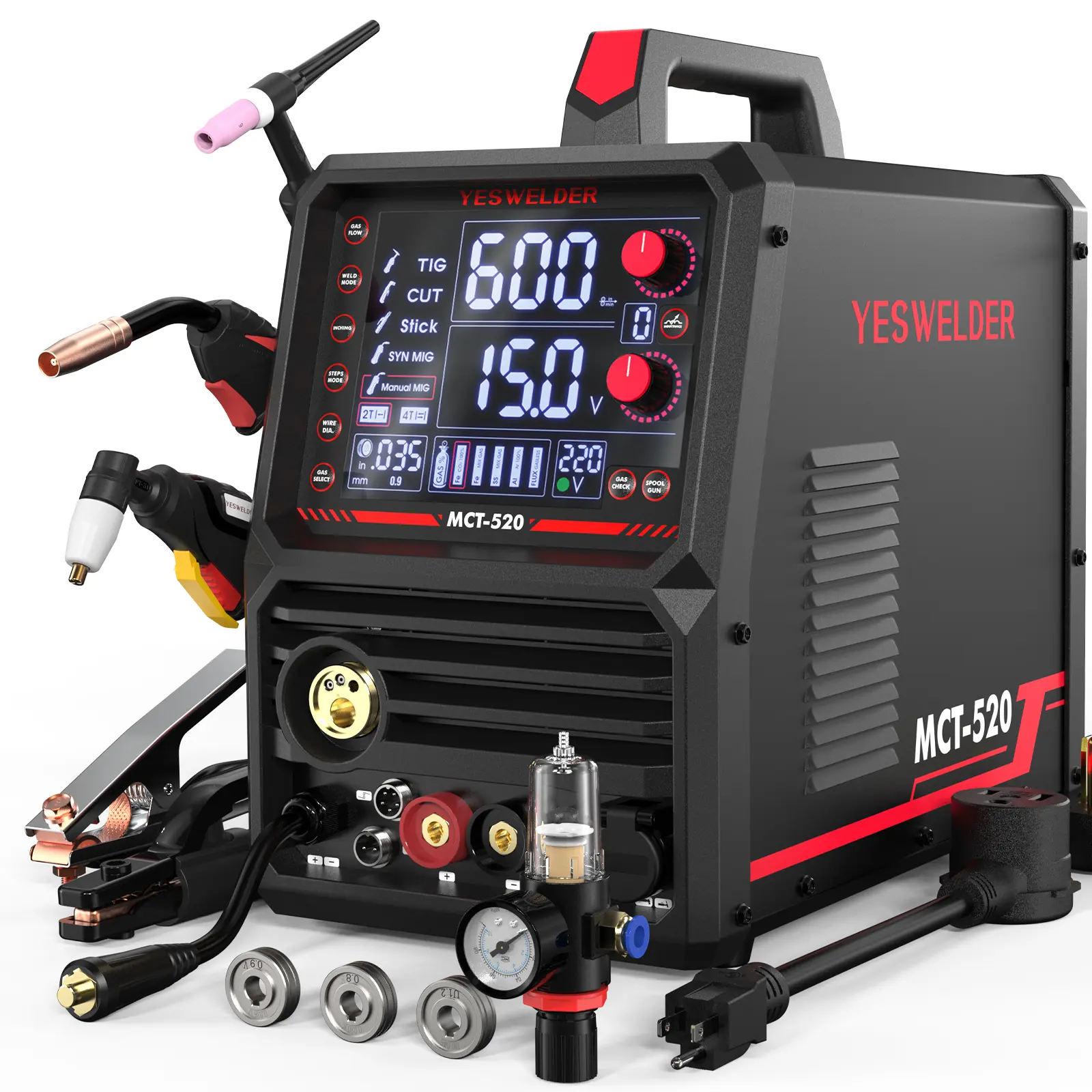 YESWELDER MCT-520 110/220V Welder & Plasma Cutter Combo | MIG/Flux Core/HF CUT/HF TIG/Stick/Aluminum Spool Gun 6-In-1 Welding Machine | 200A MIG TIG MMA & 50A CUT