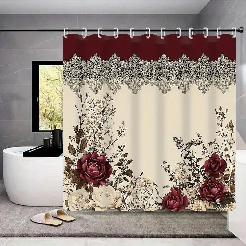 72*72inch Premium Polyester Thick Burgundy Rose Marble-Like Geometric Printed Flat Shower Curtain Bathroom Curtains with C-Shaped Hooks Easy-Installation Bath Divider Home Bathroom Decor Accessory