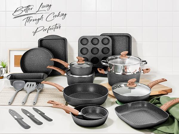 [Live] Cookware & Bakeware Set - 30 Piece Black Granite Cooking Pans Set, Non-Stick Pots and Pans Set，17 Piece green Cooking Pans Set