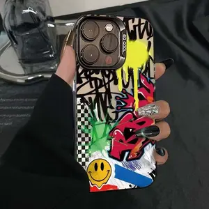 Graffiti Style Pattern Phone Cases for iPhone 17 Pro Max 16 15 Plus 14 13 Pro 12 11, Matte Color Silver Shockproof Protective Phone Cover