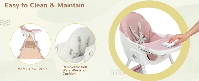 Foldable Baby High Chair, 2-in-1 Portable Convertible Highchair with Removable Dual-Layer Tray, 5-Point Safety Harness and Storage Bag for Toddlers & Babies