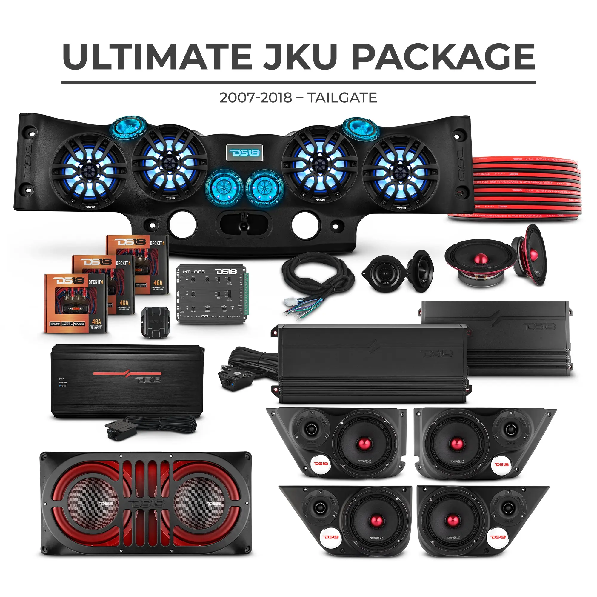 Jeep JKU 2007-2018 Ultimate Car Audio Package - Loaded Soundbar System, Door Panels, Rear Bass System, Pro-X6.4BMSL Loudspeakers, Amplifiers, RGB LED Lights, Aluminum Parts, G1800.4D Class D Unit, 4GA Loom Tube, Rubber Grommet, 200W+ Output, 150A Fuse Kit