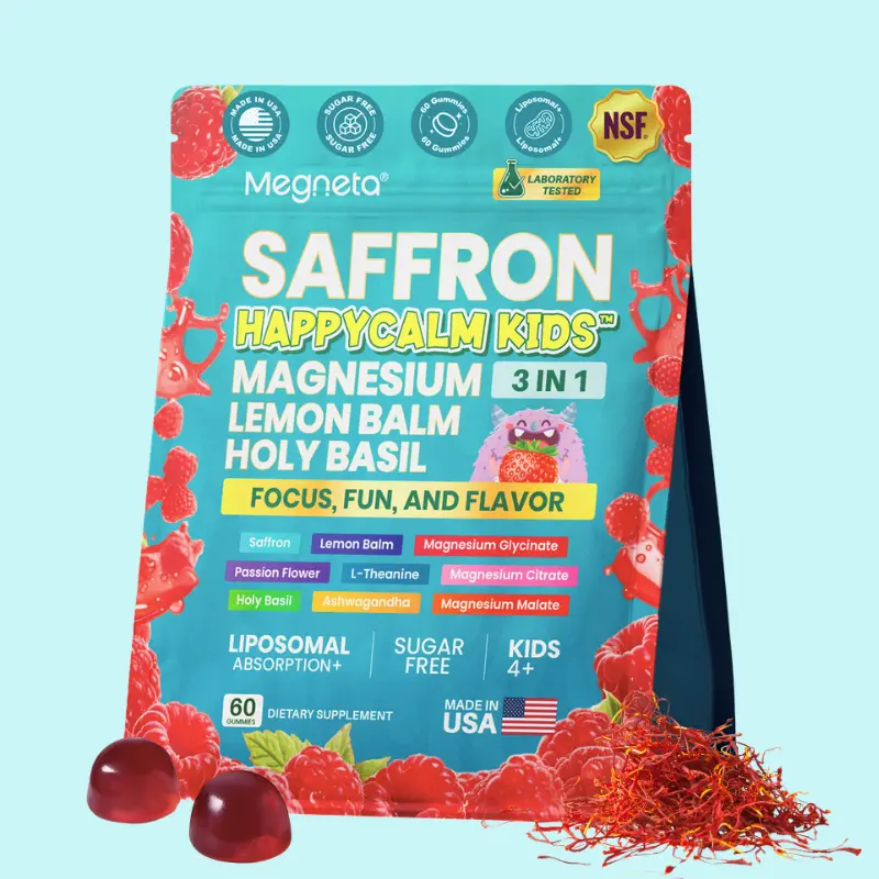 Megneta Kids Calm & Focus Gummies with Saffron – 3 in 1 Magnesium Blend + Lemon Balm | Support Mood & Relaxation | Sugar Free | 60 Gummies | Made in USA