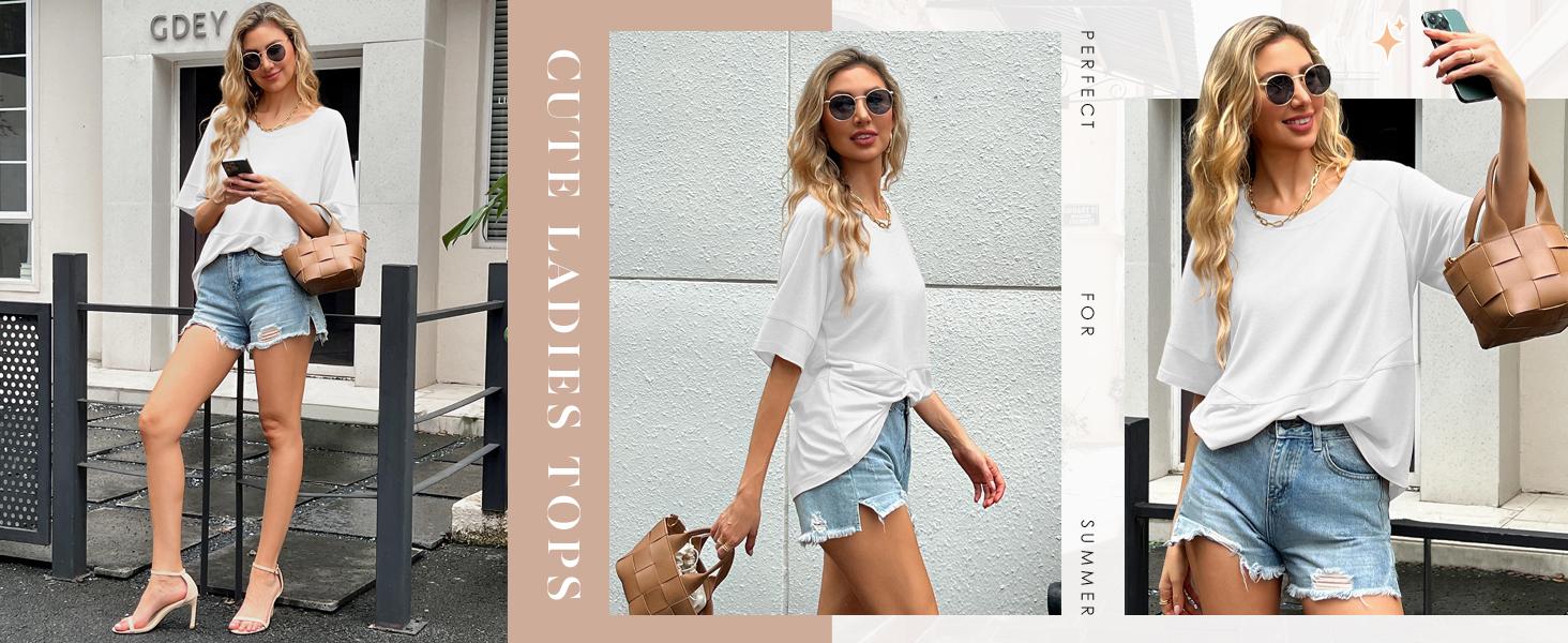 PiePieBuy Women's 2025 Autumn Casual Crewneck Batwing Half Sleeve T-Shirts Solid Color Loose Fit Cute Basic Flowy Tops Tees Summer