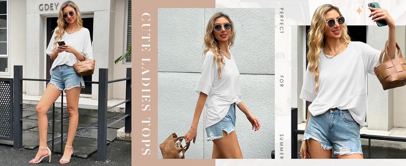 PiePieBuy Women's 2025 Autumn Casual Crewneck Batwing Half Sleeve T-Shirts Solid Color Loose Fit Cute Basic Flowy Tops Tees Summer